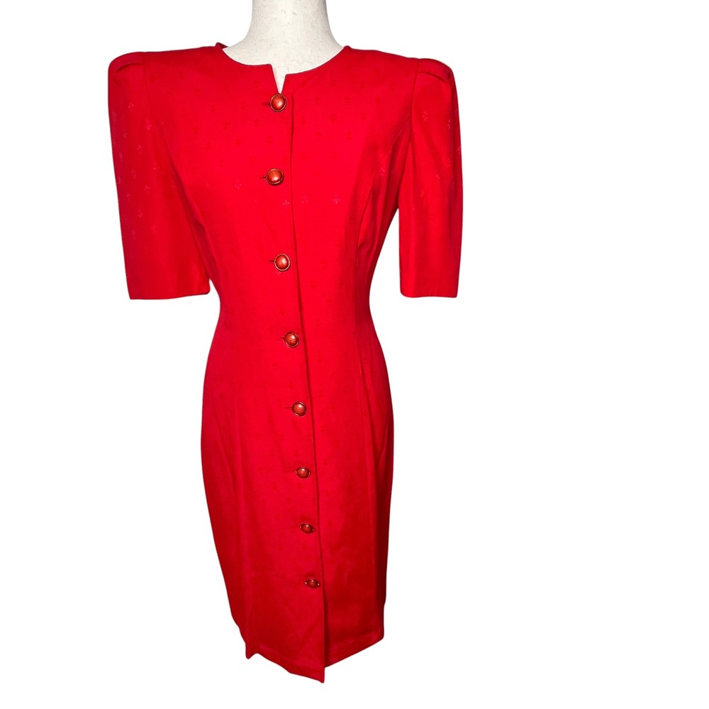 All That Jazz Vtg 80s Red Jacquard Dress Button Front Bow Back Sz 7/8 Flaw Pinup